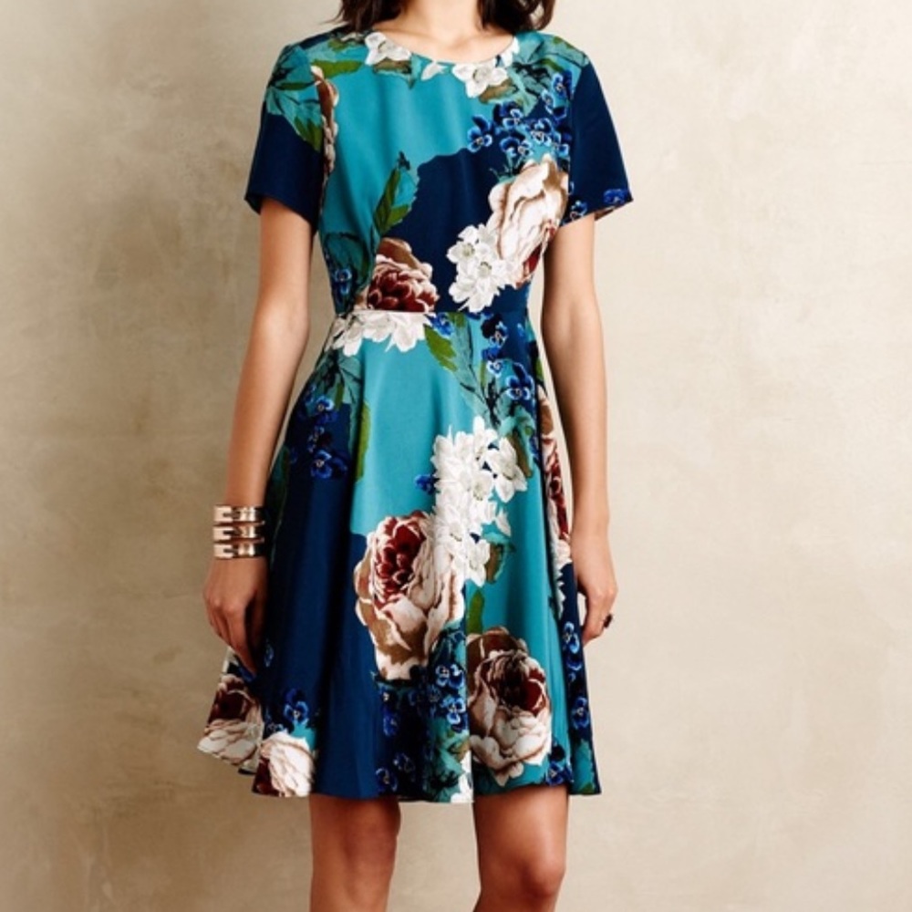 Anthropologie Teal and Navy Floral Fit-and-Flare Dress size 8